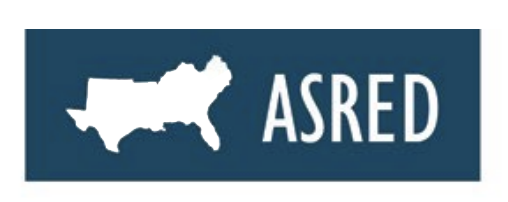 Dark teal rectangle with white silhouette of southern US states with white letters ASRED next to it.