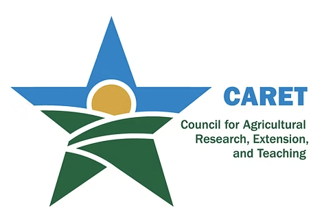 Stylized star with blue sky, sun and green hilly fields. CARET, council for agricultural research, extension and teaching.