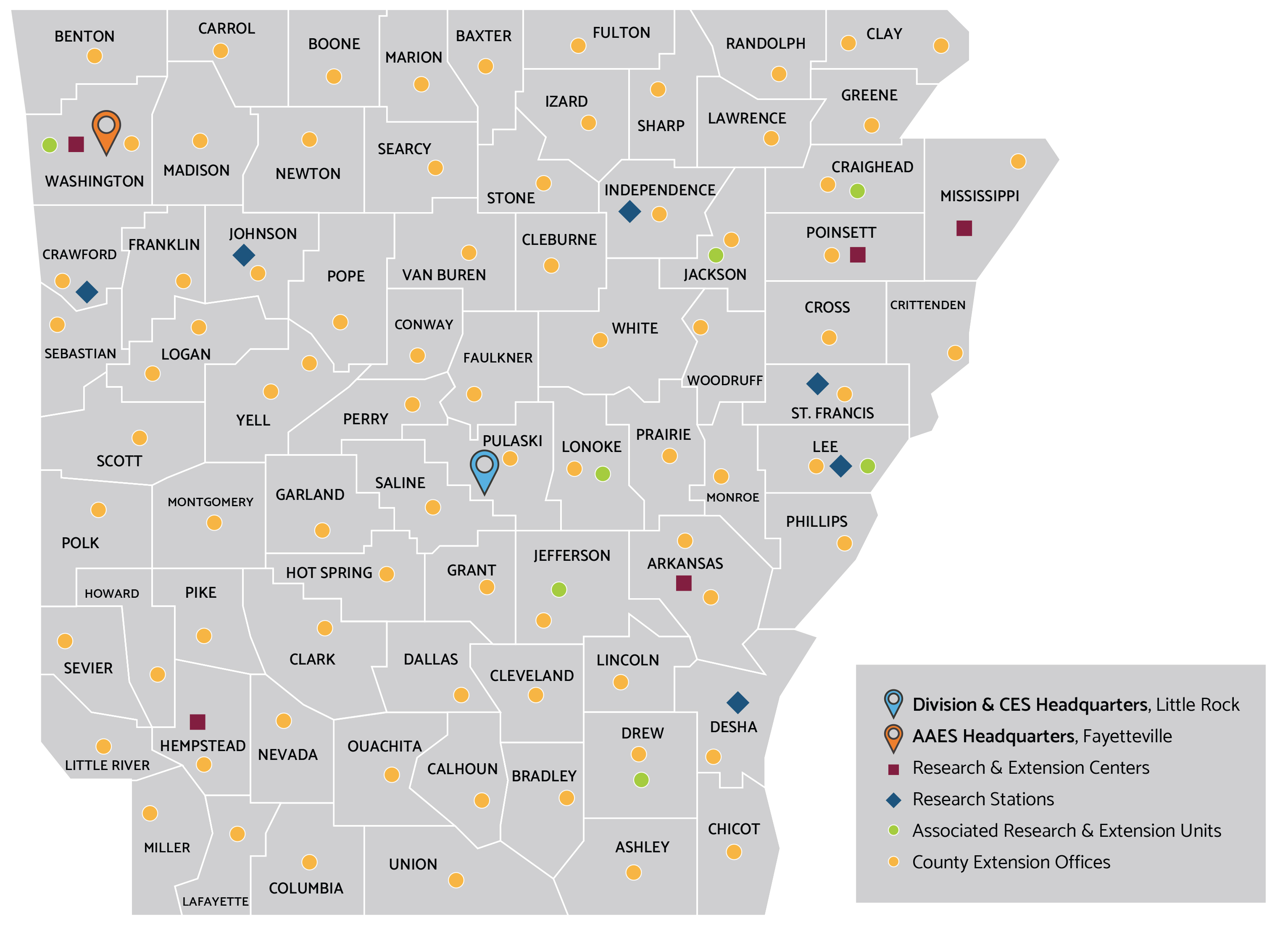 Map marking Division of Agriculture facilities around Arkansas. 