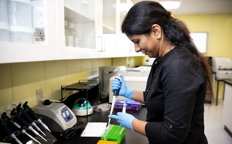 A woman in a lab coat is focused on her work, engaged in a scientific task in a laboratory setting.