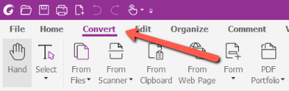 A red arrow points to the "convert" tab in the Foxit toolbar.