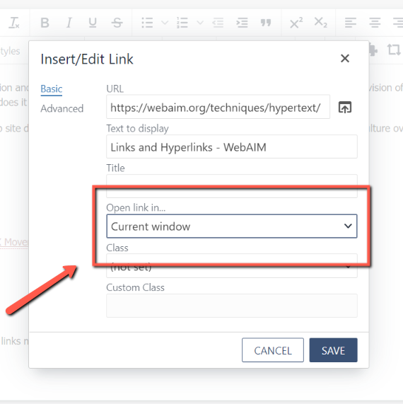 A red box outlines and a red arrow points toward the "current window" option in the "Edit/Insert" link window in OU.