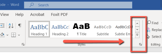 Screenshot of the heading tool in Microsoft Word. A red arrow points toward the Word dropdown menu.
