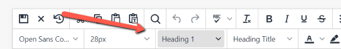 A red arrow points toward the heading dropdown menu in the OU editing menu. 