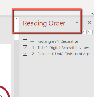 A red box outlines the title of the "Reading Order" pane in PowerPoint.