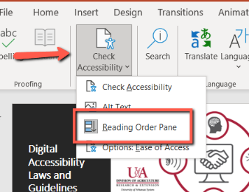 A red box and a red arrow point to the Accessibility Checker and the Reading Order Pane tools in PowerPoint