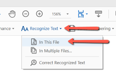 One red arrow points to the "Recognize Text" button while another red arrow points to the "Scan this file" button in the Scan toolbar od Adobe Acrobat Pro. 