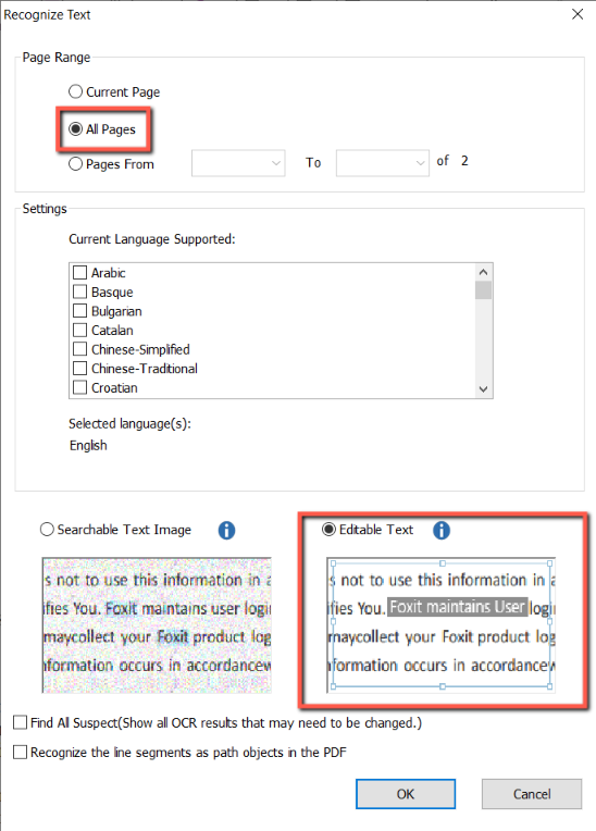 The "Recognize Text" popup window with a red box around "All Pages" and a red box around "Editable Text". 