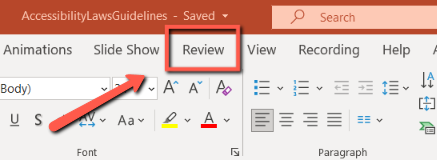 A red box and a red arrow point to the "Review" tab in PowerPoint