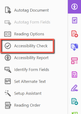 A red box surrounds the "Accessibility Check" tool in the Accessibility toolbar in Adobe Acrobat. 