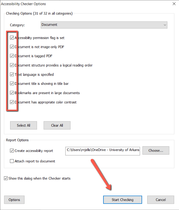 Screenshot of the Accessibility Checker Option window. A red arrow points to the "Start Checking" selection. 