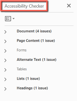 A red box surrounds the "Accessibility Checker" title in the Adobe Acrobat Accessibility Checker. 