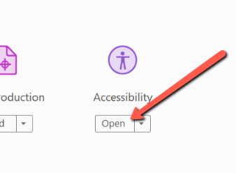 A red arrow points toward the "Open" tool under the Accessibility tool kit in Adobe Acrobat. 