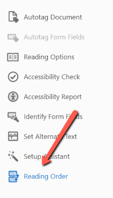 A red arrow points toward the "Reading Order" tool in the Accessibility toolbar. 