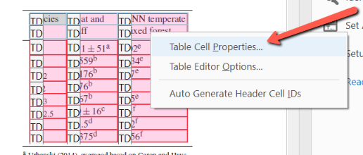 A red arrow points to the "Table Cell Properties" tool in Adobe Acrobat.