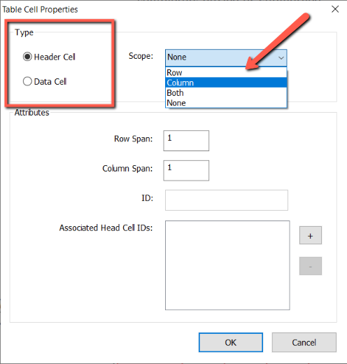 Screenshot of the "Table Cell Properties" panel. A red box surrounds the "Header/Data" cell radio buttons, while one red arrow points toward a drop down menu. 