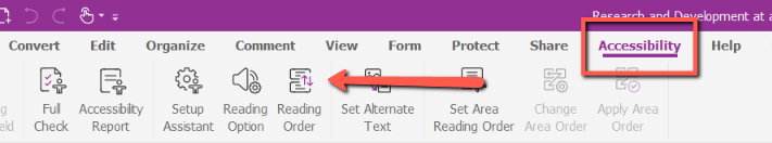 Screenshot of the Foxit tab bar with a red box around the "Accessibility" tool and a red arrow pointing toward the "Reading Order" tool. 