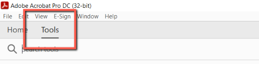 A red box surrounds the "Tools" tab in Adobe Acrobat. 