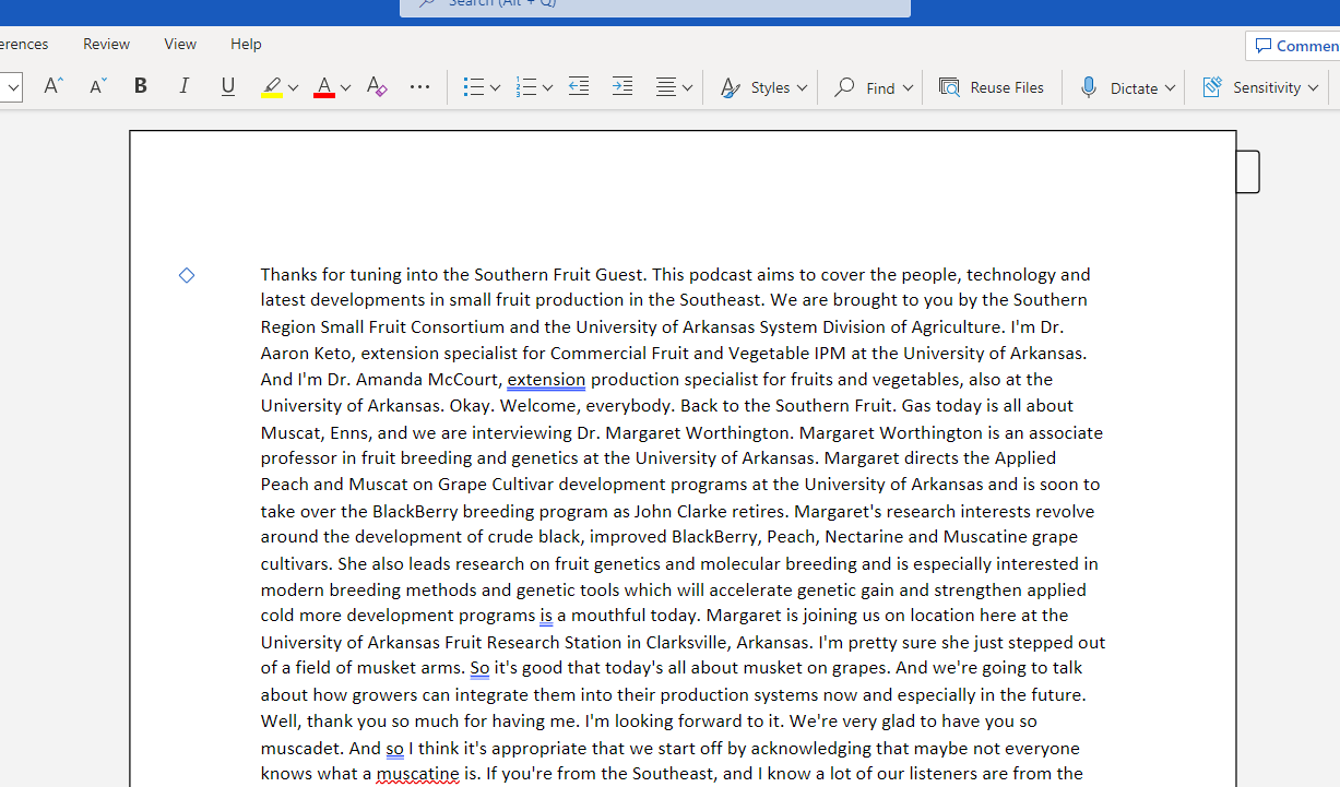 Screenshot of the unedited transcript in a Word Document. The transcript is unstructured and is a long wall of text. 