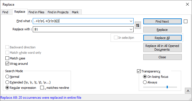 Screeshot of a Replace panel in Notepad++. 