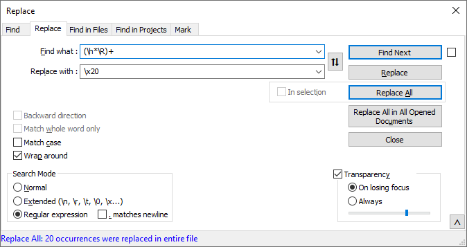 Screeshot of a Replace panel in Notepad++. 