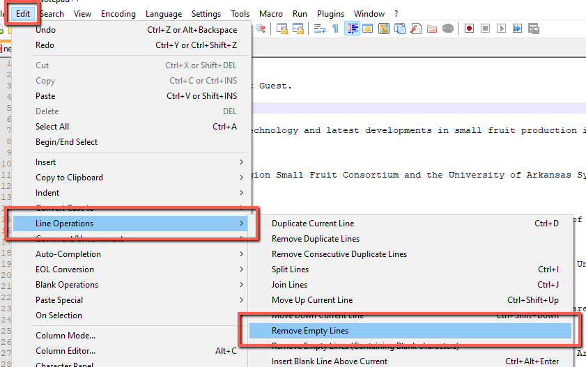 Screenshot of a Notepad++ project. Edit, line operationjs, and remove empty lines is selected. 